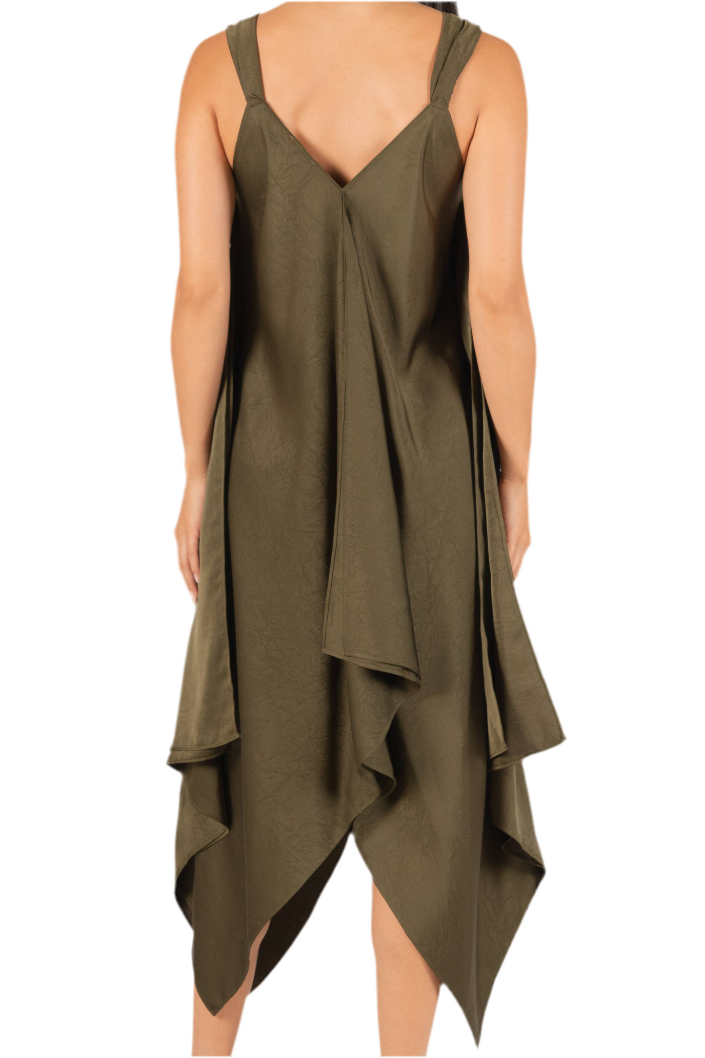 Textured Satin V-Neck Sharkbite Hem Dress