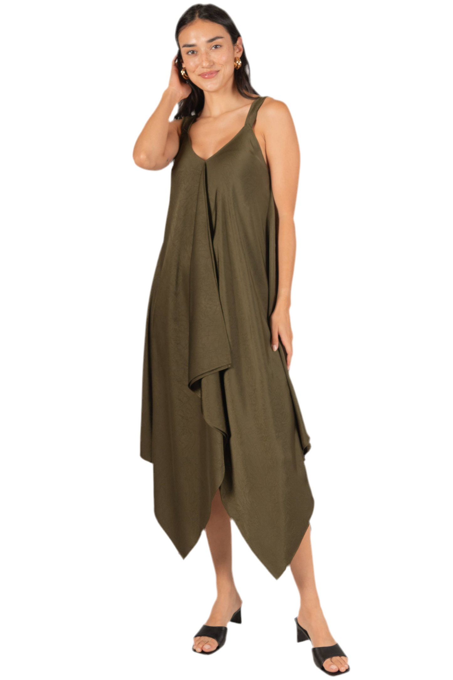 Textured Satin V-Neck Sharkbite Hem Dress