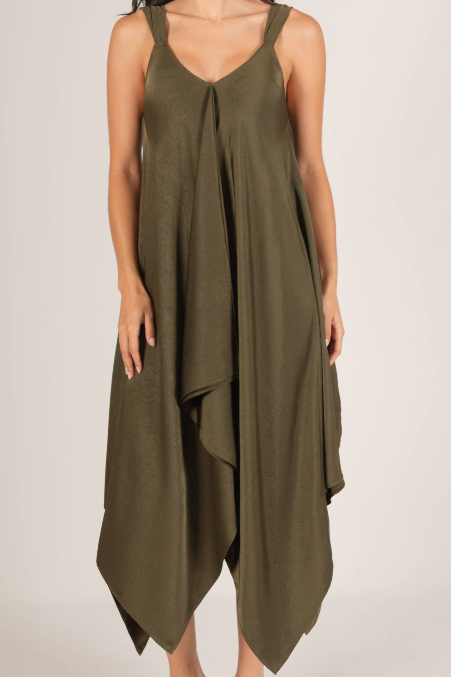 Textured Satin V-Neck Sharkbite Hem Dress