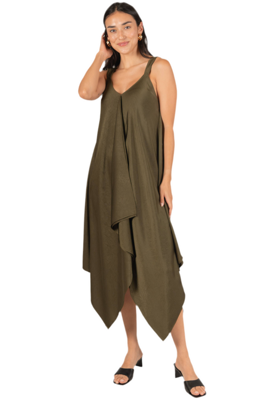 Textured Satin V-Neck Sharkbite Hem Dress