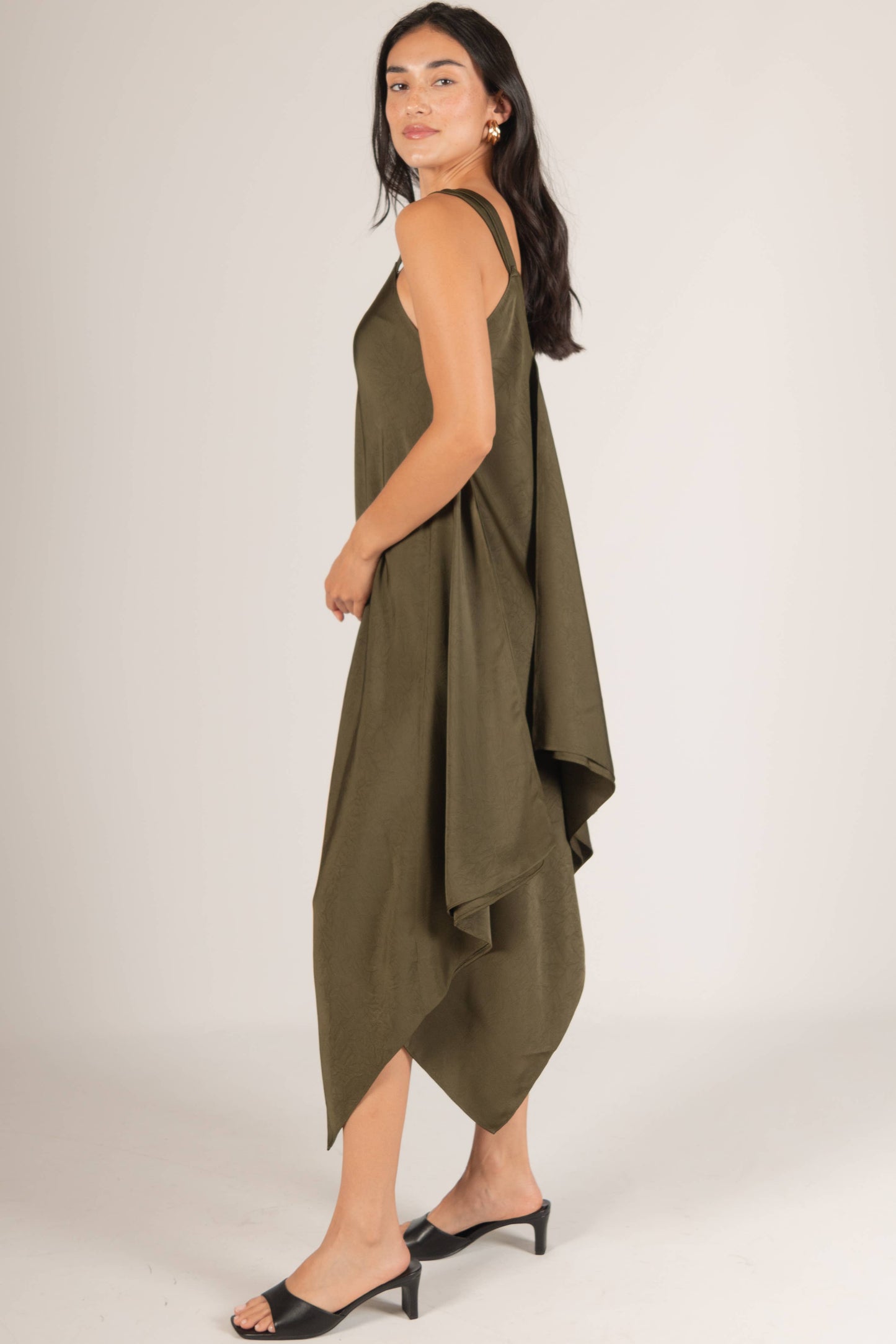 Textured Satin V-Neck Sharkbite Hem Dress