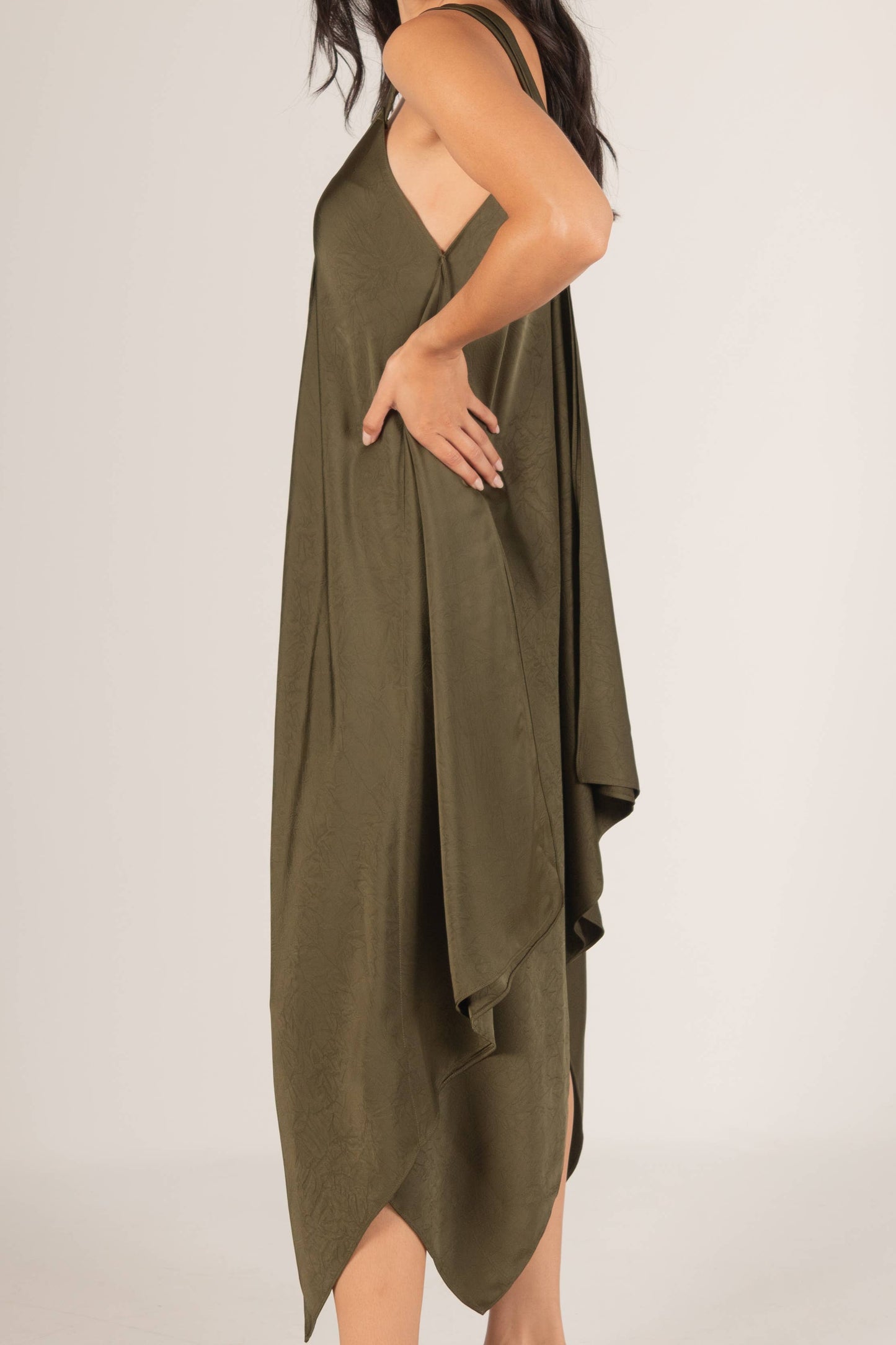 Textured Satin V-Neck Sharkbite Hem Dress