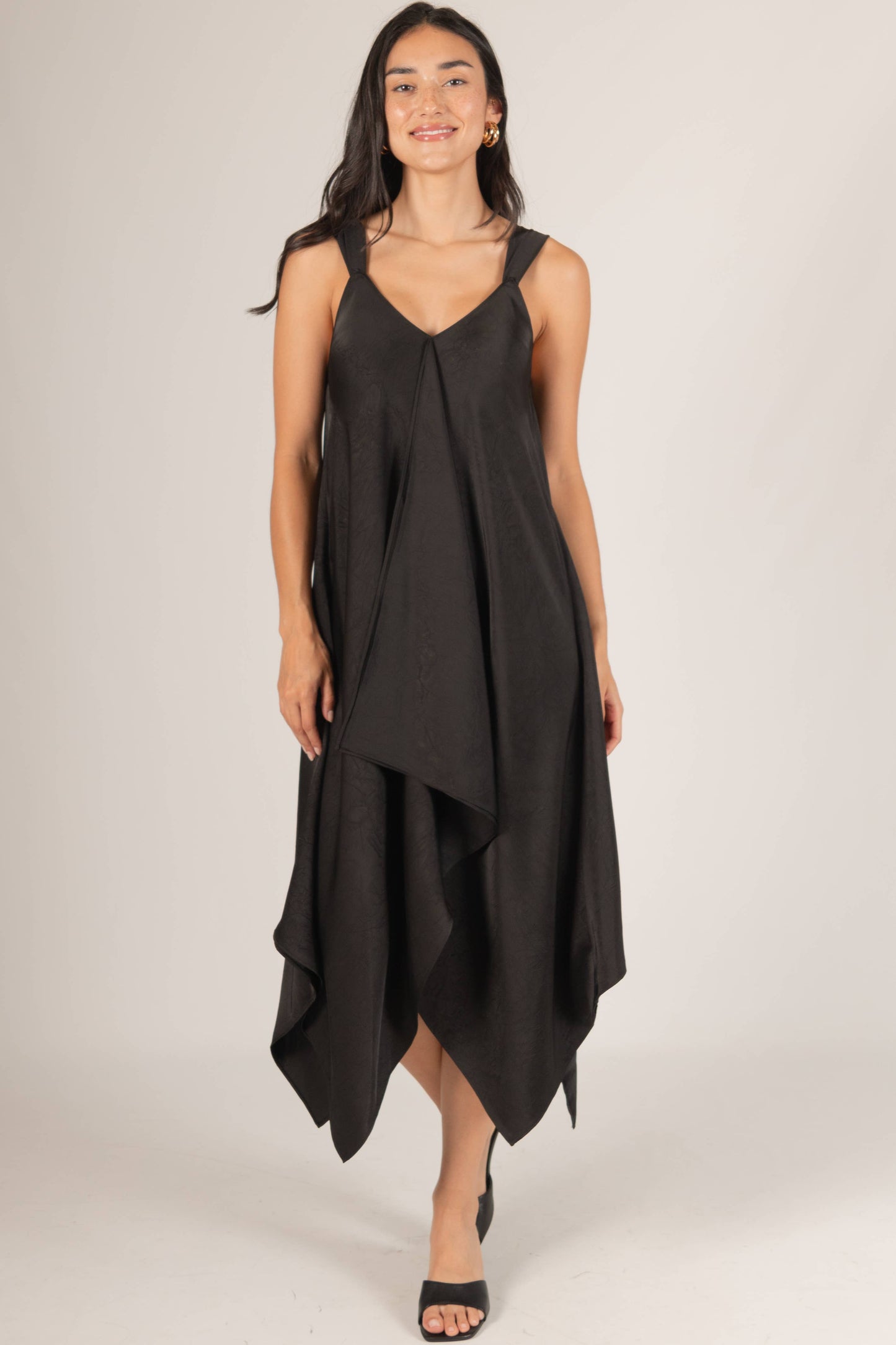 Textured Satin V-Neck Sharkbite Hem Dress