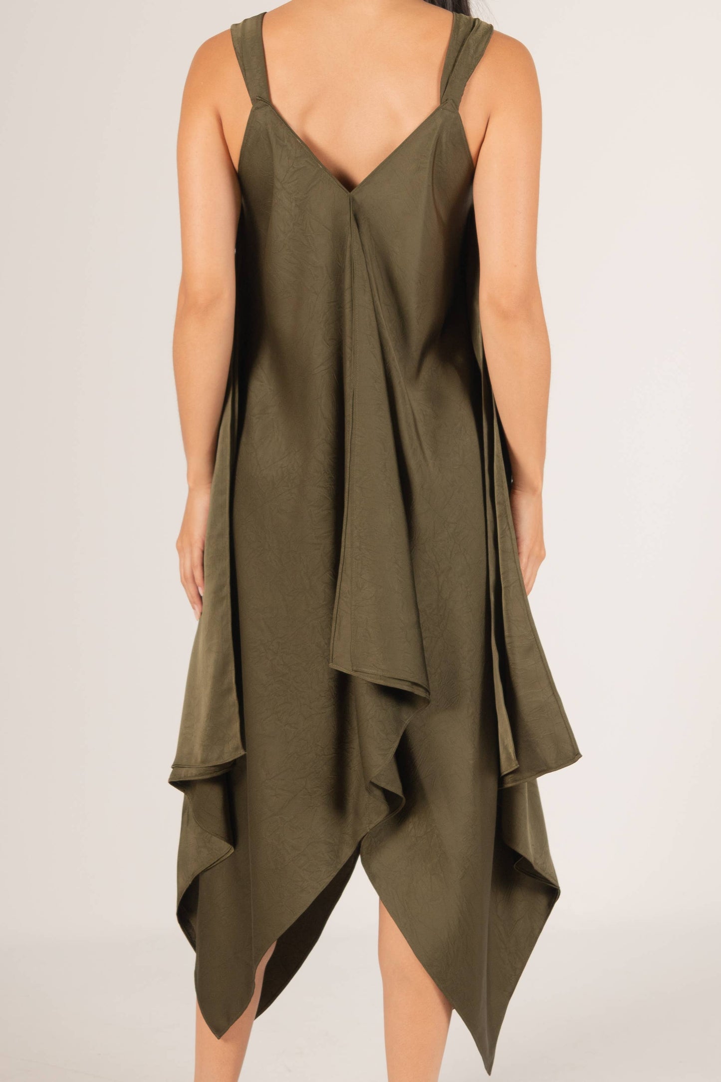 Textured Satin V-Neck Sharkbite Hem Dress