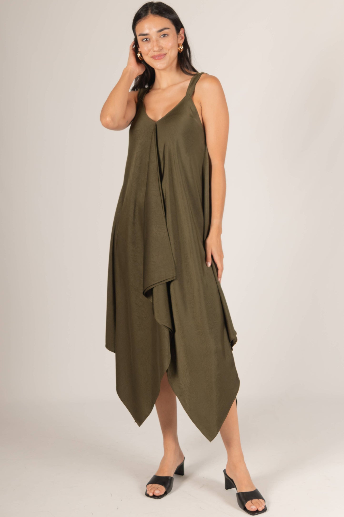 Textured Satin V-Neck Sharkbite Hem Dress