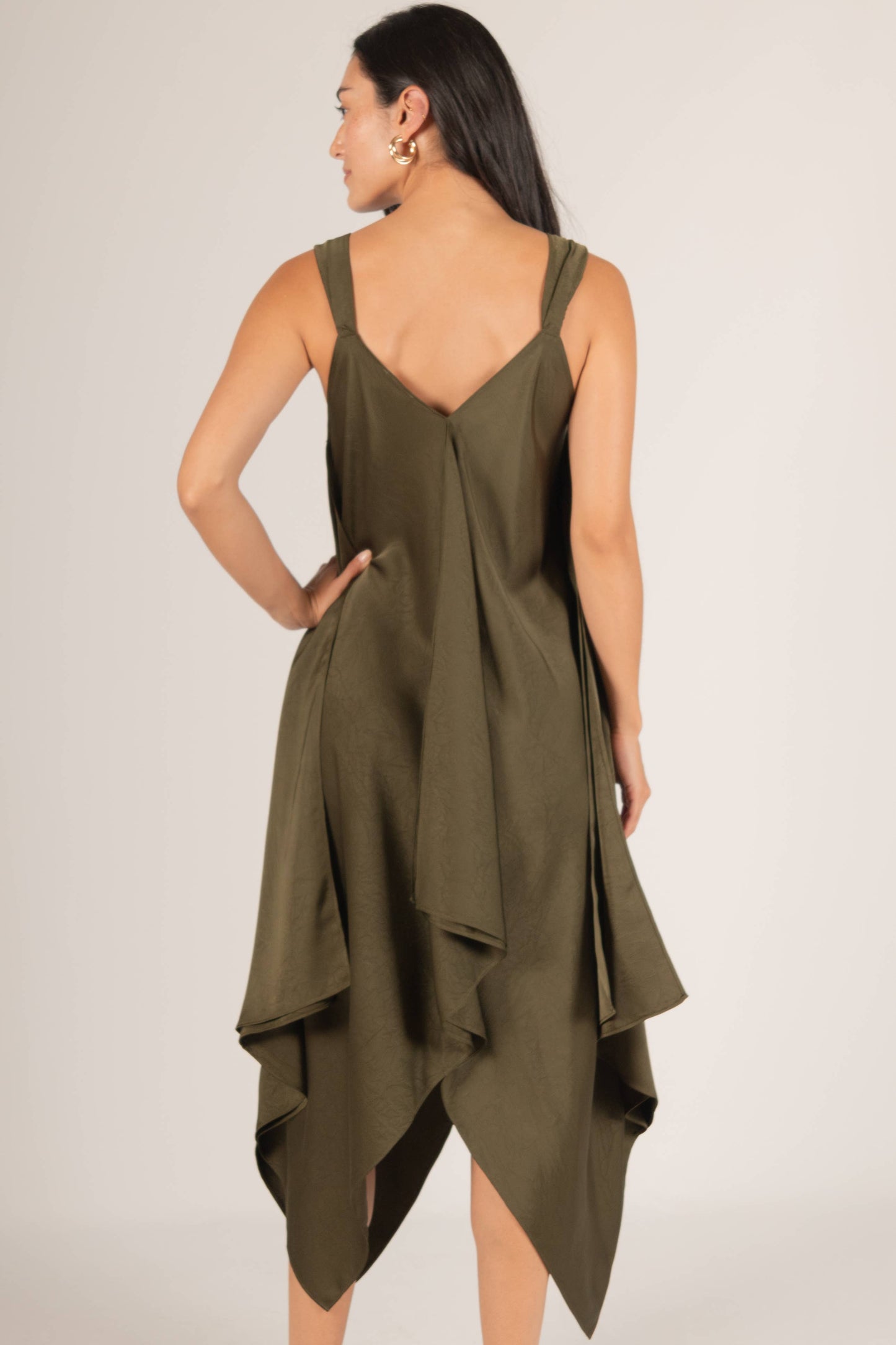 Textured Satin V-Neck Sharkbite Hem Dress